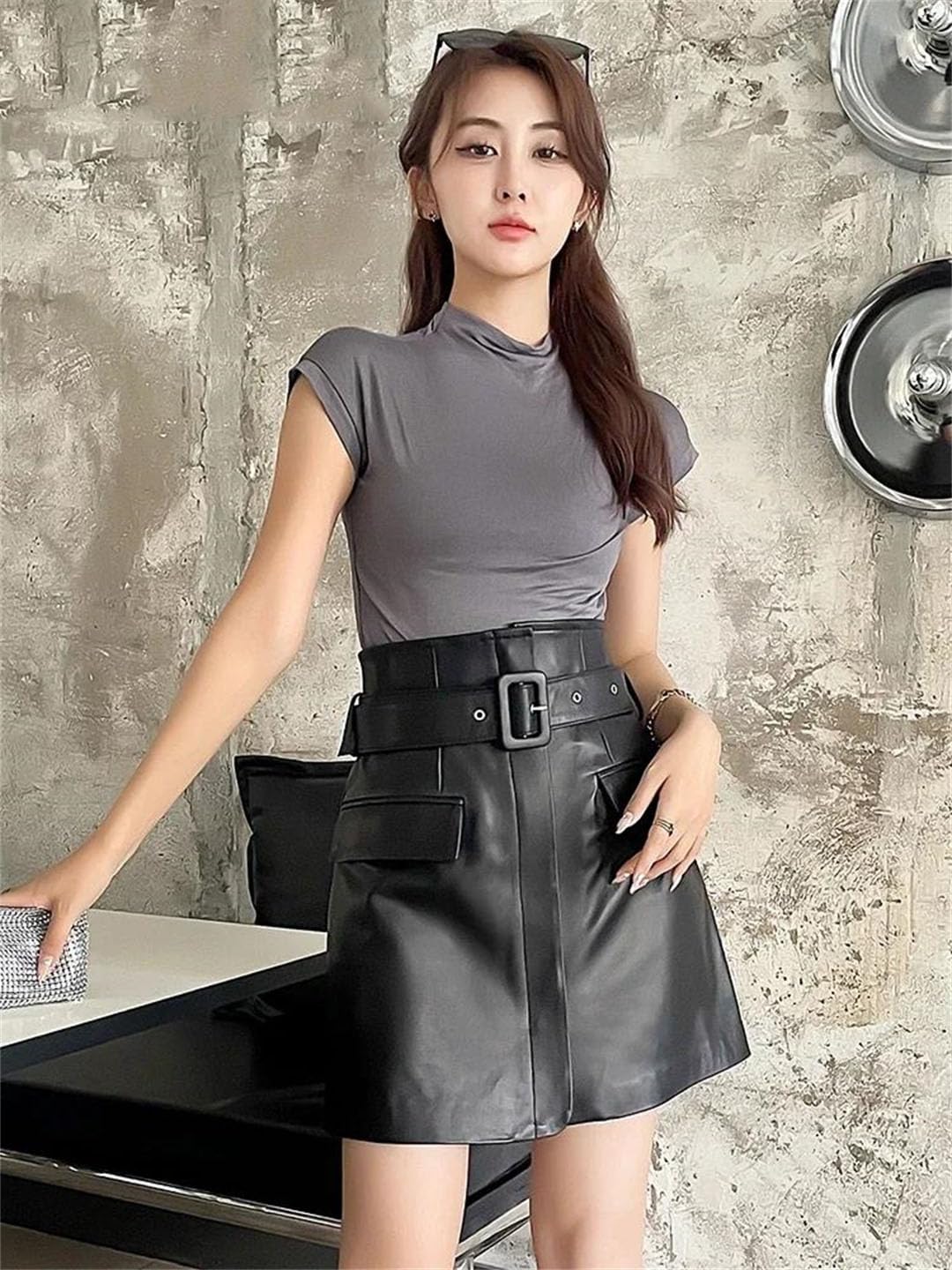 Women's High Waist Genuine Leather Mini Skirt