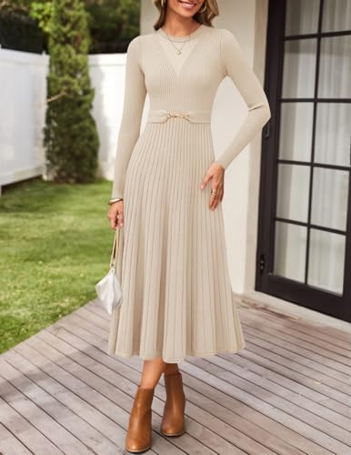 Women's Long Sleeve Pleated Knit Midi Dress