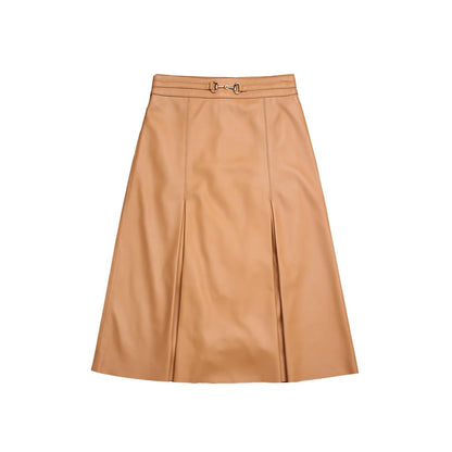 Women's High Waist Leather Pleated Midi Skirt
