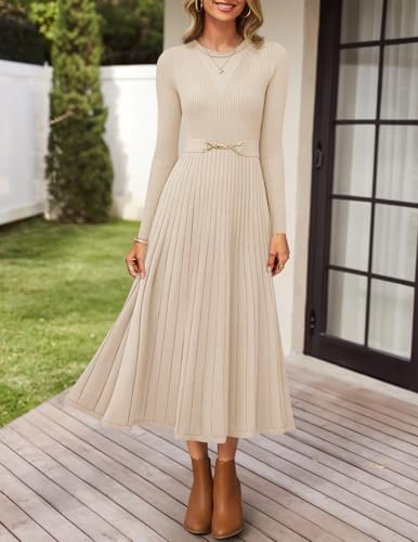 Women's Long Sleeve Pleated Knit Midi Dress