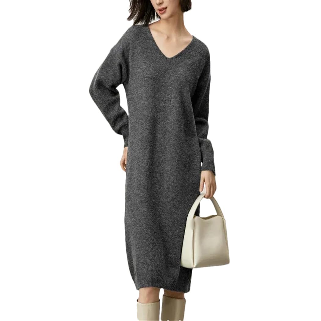 Women's V-Neck Knit Mid-Length Dress