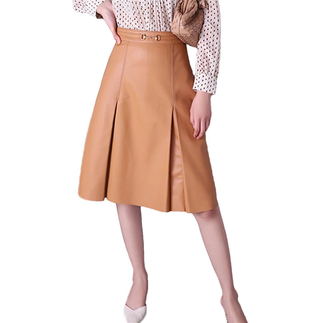 Women's High Waist Leather Pleated Midi Skirt