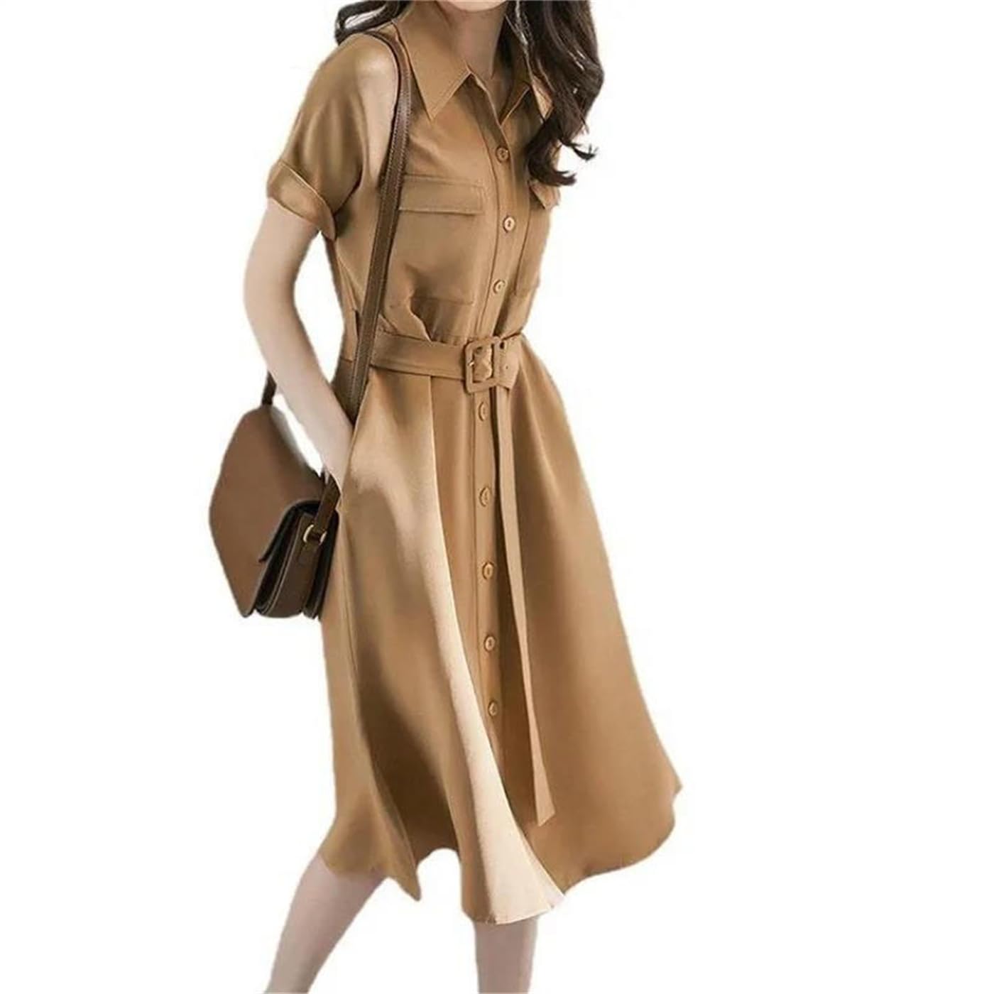 Women's Turndown Collar A-Line Knee-Length Shirt Dress