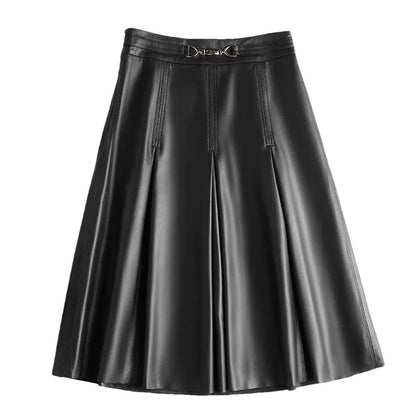Women's High Waist Leather Pleated Midi Skirt