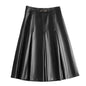 Women's High Waist Leather Pleated Midi Skirt