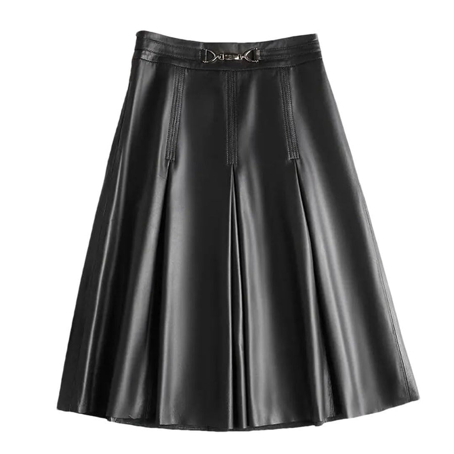 Women's High Waist Leather Pleated Midi Skirt