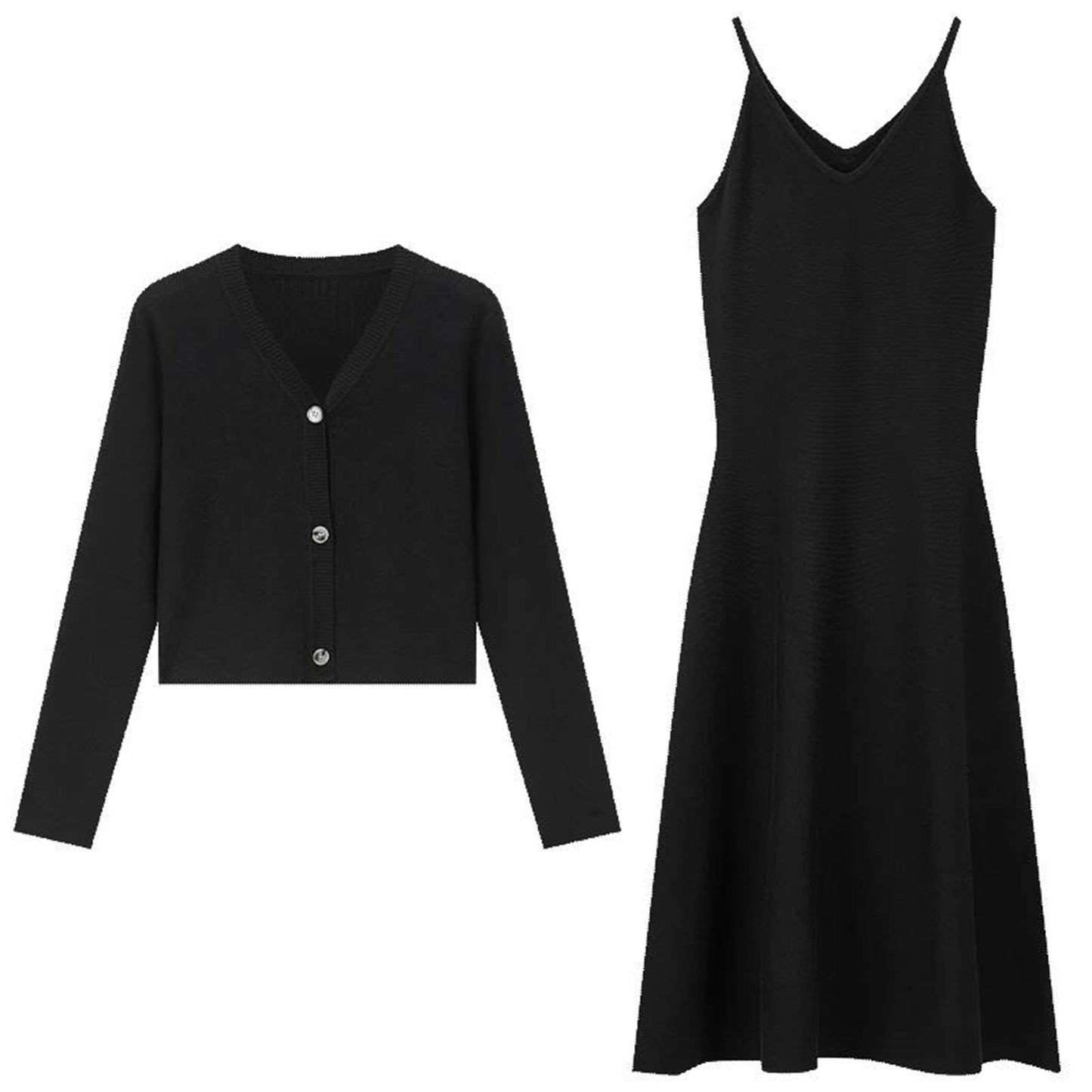 Womens Elegant Dress Set Casual V Neck Cardigan Slip Midi Dress Solid Two Piece Set Maxi Dress Sets Winter Clothing
