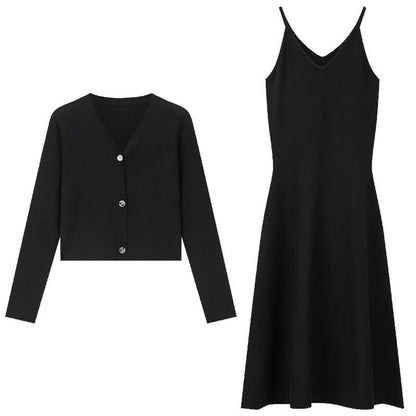 Womens Elegant Dress Set Casual V Neck Cardigan Slip Midi Dress Solid Two Piece Set Maxi Dress Sets Winter Clothing