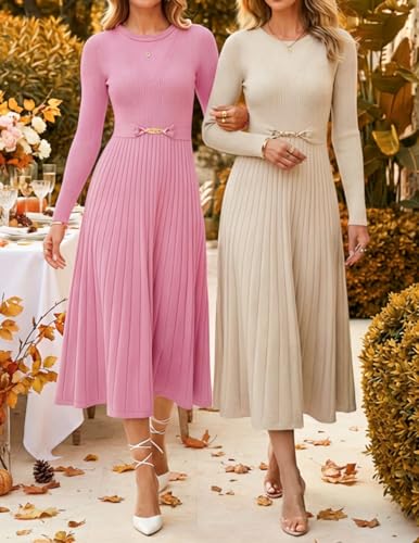 Women's Long Sleeve Pleated Knit Midi Dress
