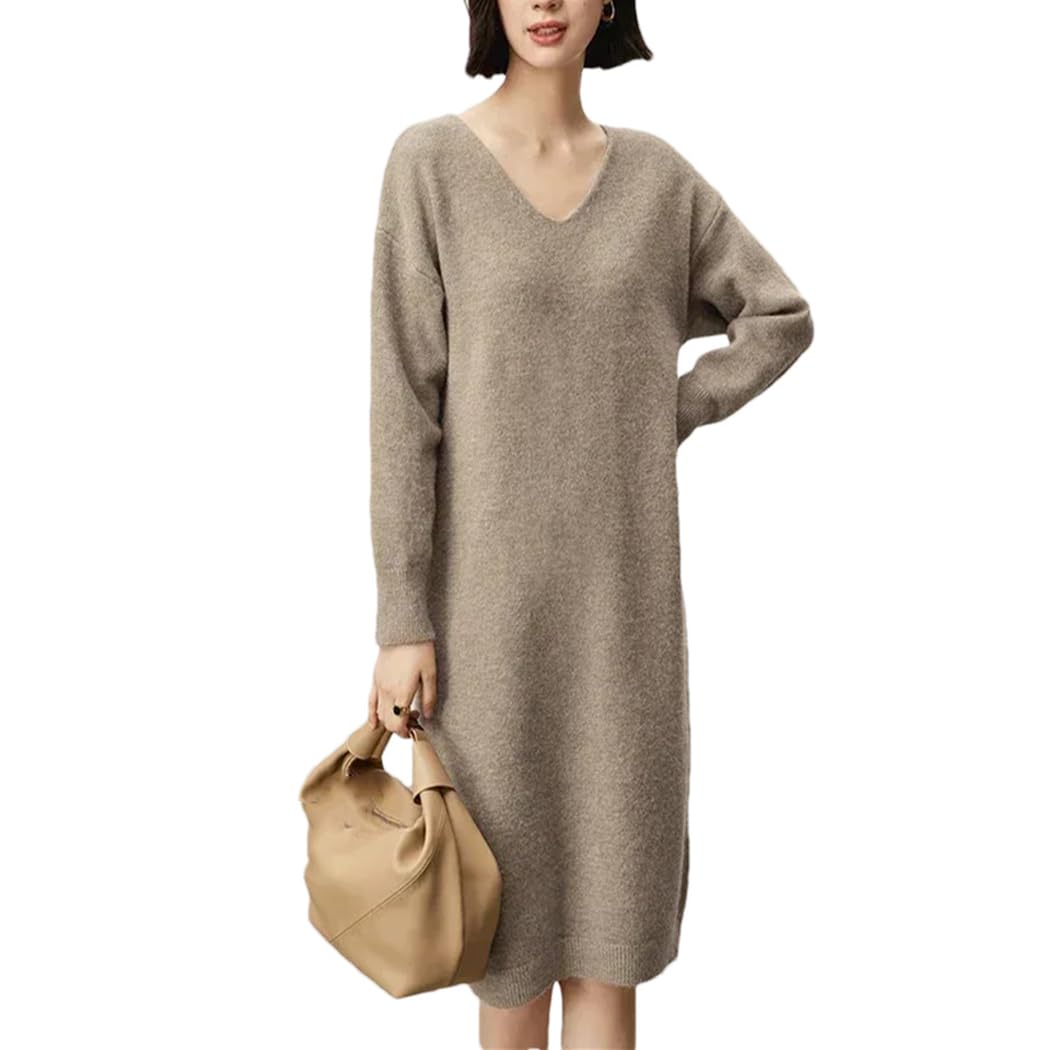 Women's V-Neck Knit Mid-Length Dress