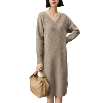 Women's V-Neck Knit Mid-Length Dress