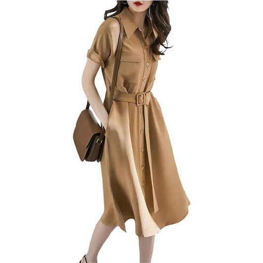 Women's Turndown Collar A-Line Knee-Length Shirt Dress