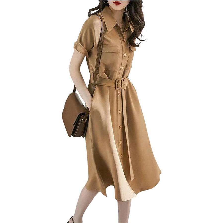 Women's Turndown Collar A-Line Knee-Length Shirt Dress