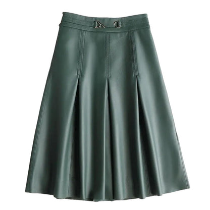 Women's High Waist Leather Pleated Midi Skirt