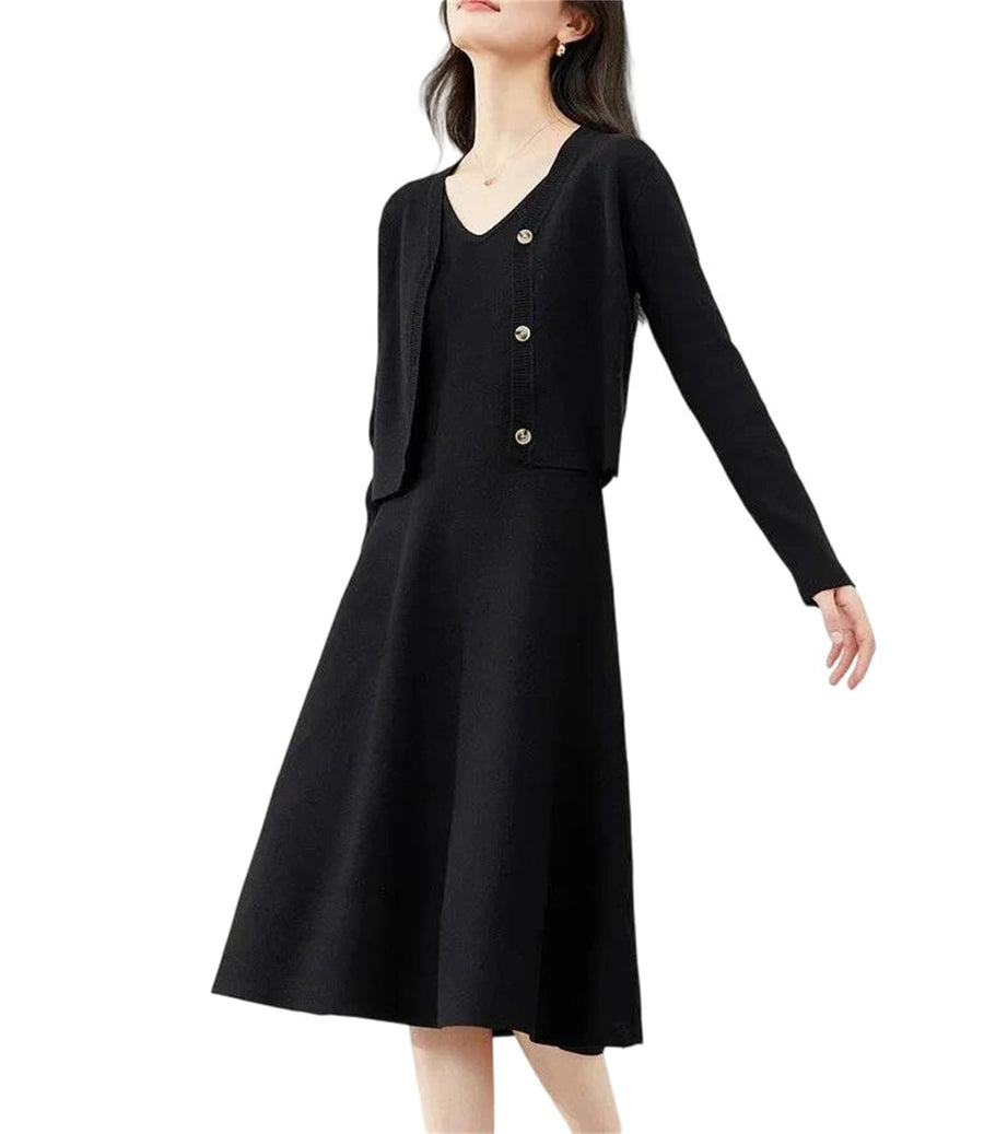Womens Elegant Dress Set Casual V Neck Cardigan Slip Midi Dress Solid Two Piece Set Maxi Dress Sets Winter Clothing