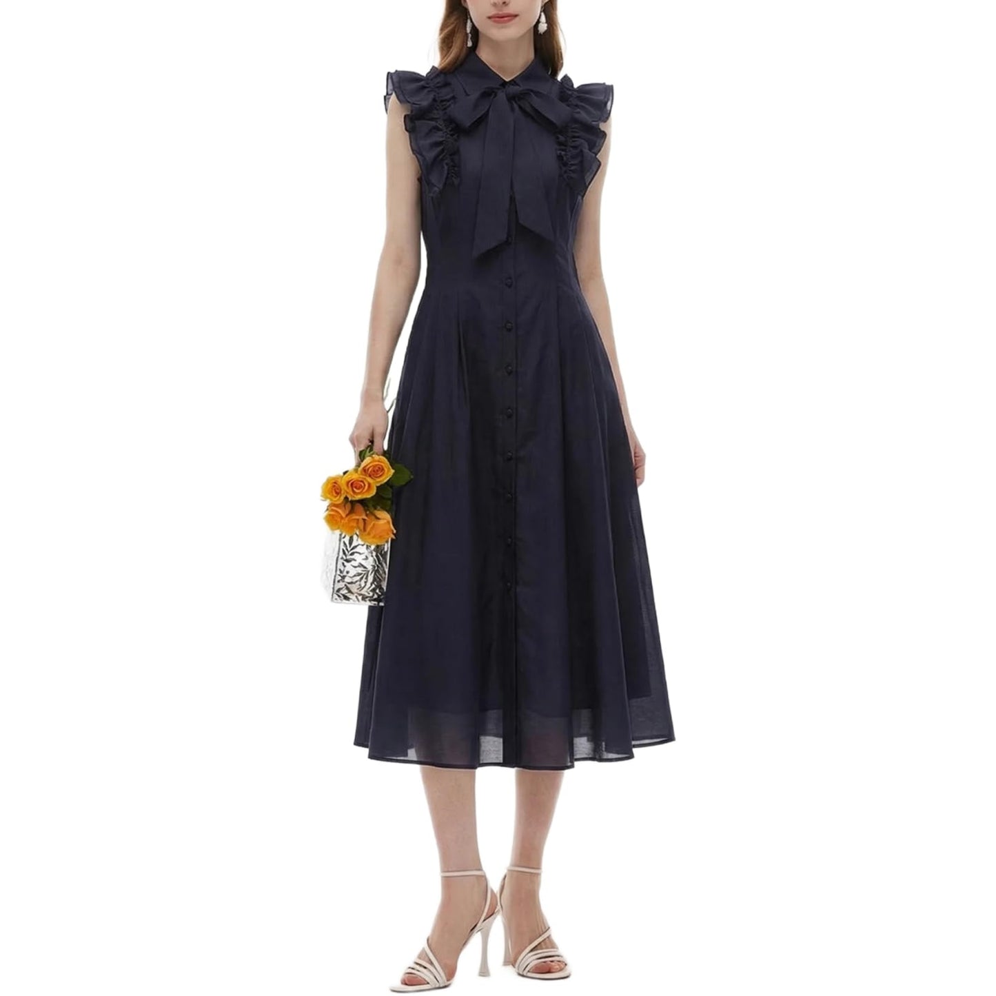 Women's Linen Blend Midi Shirt Dress