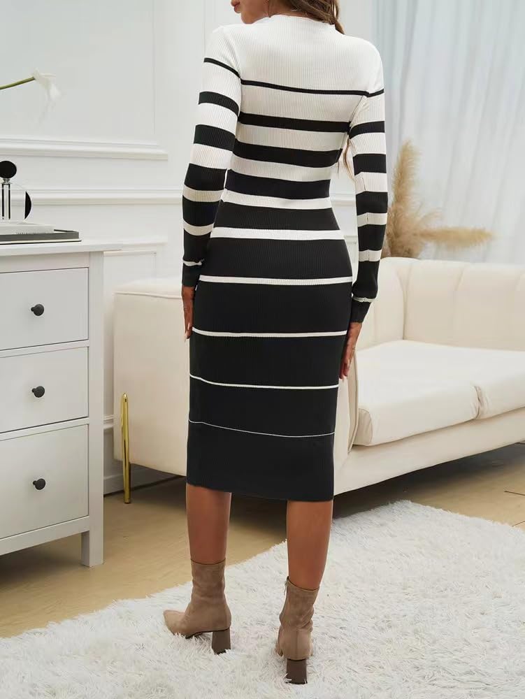 Women's Striped Ribbed Bodycon Midi Dress