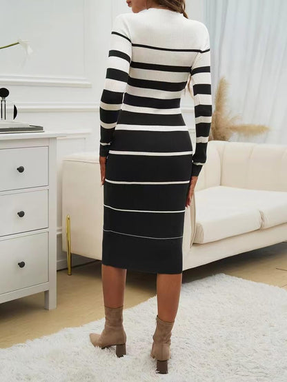 Women's Striped Ribbed Bodycon Midi Dress