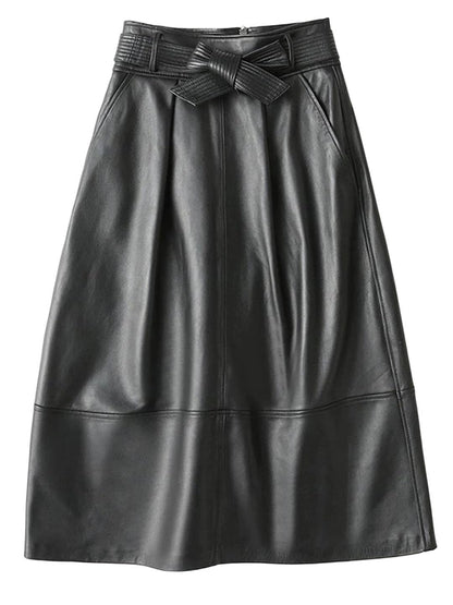 Women's High Waist PU Leather A-Line Midi Skirt