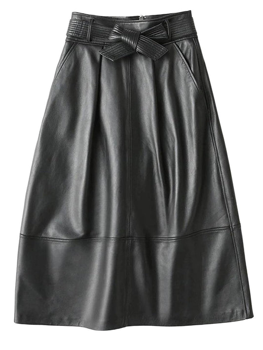 Women's High Waist PU Leather A-Line Midi Skirt