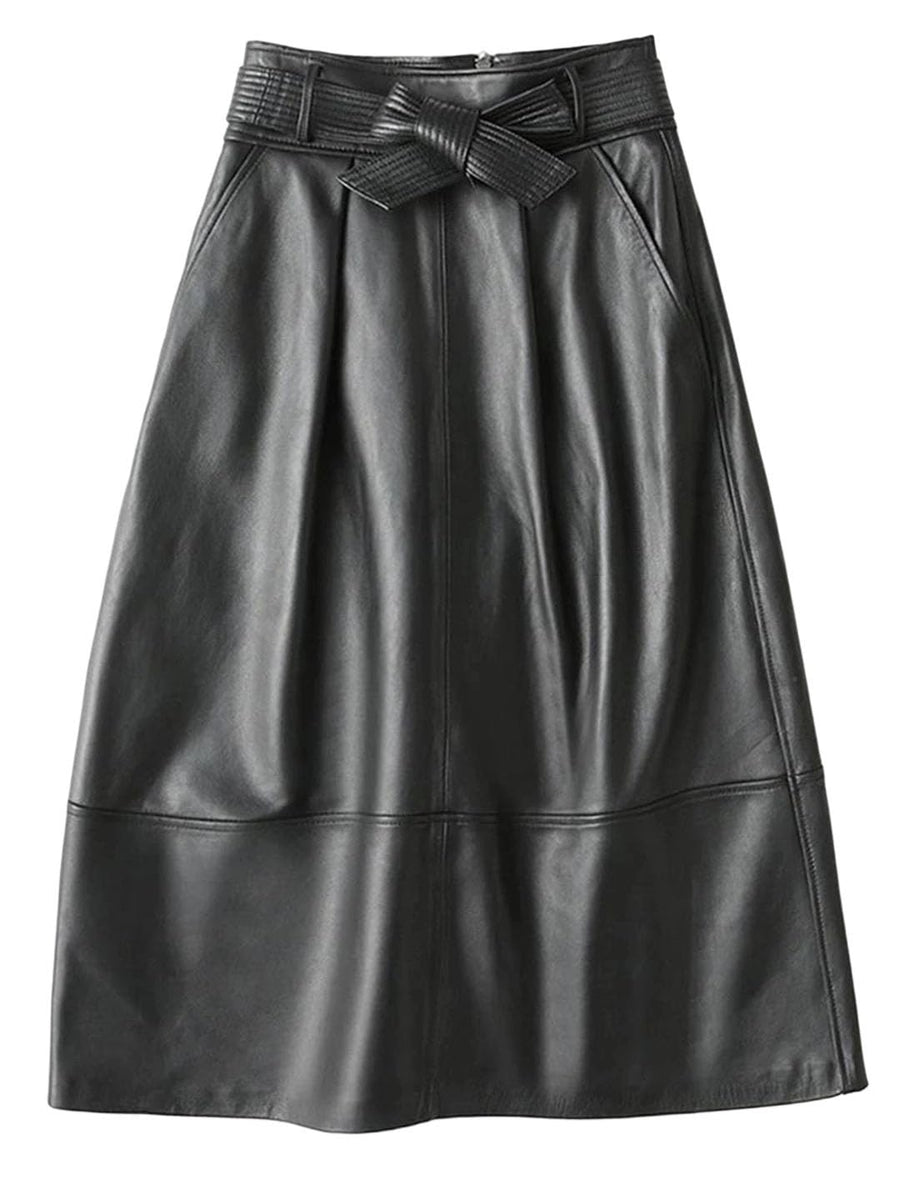 Women's High Waist PU Leather A-Line Midi Skirt