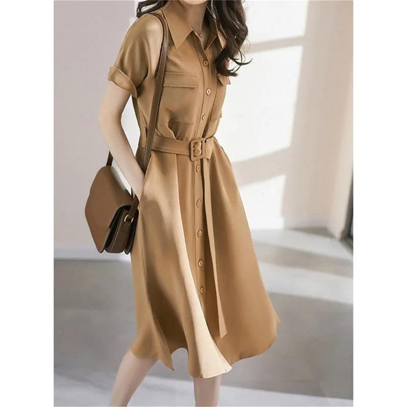 Women's Turndown Collar A-Line Knee-Length Shirt Dress