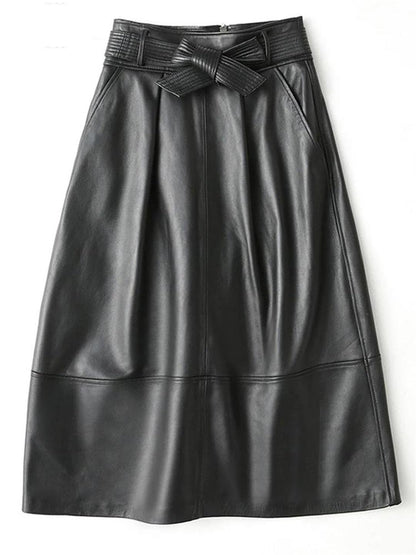 Women's High Waist PU Leather A-Line Midi Skirt
