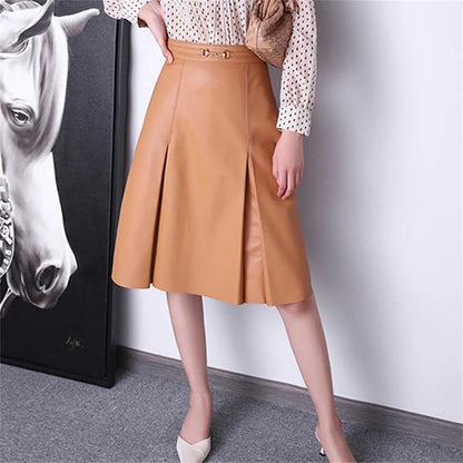 Women's High Waist Leather Pleated Midi Skirt