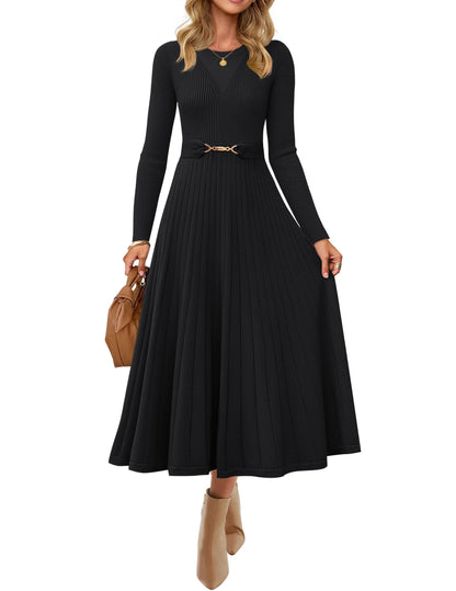 Women's Long Sleeve Pleated Knit Midi Dress