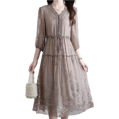 Women's V-Neck Embroidered A-Line Midi Dress