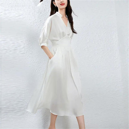 Women's French V-Neck A-Line Midi Dress