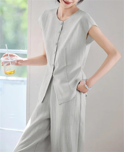 Women's Linen Shirt & Straight Pants Set