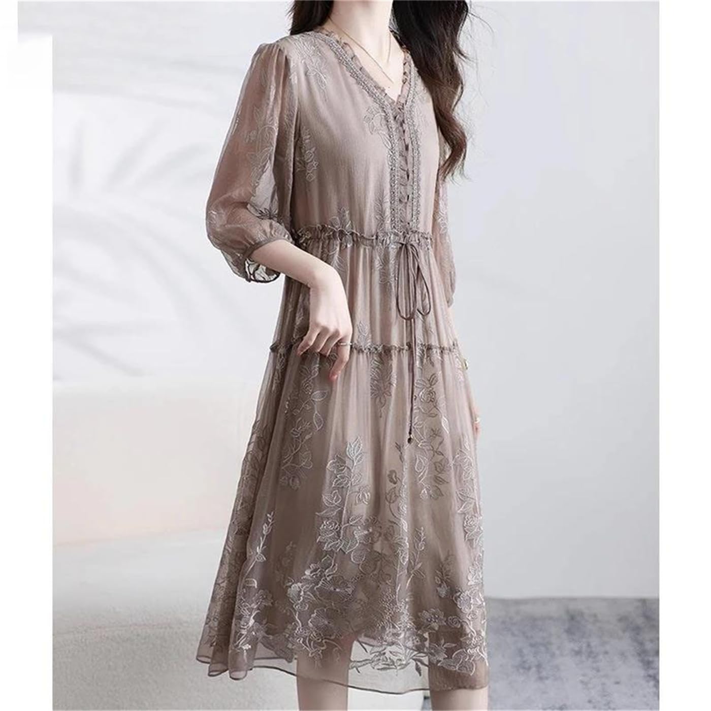 Women's V-Neck Embroidered A-Line Midi Dress