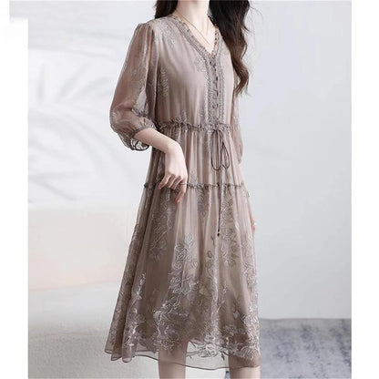 Women's V-Neck Embroidered A-Line Midi Dress
