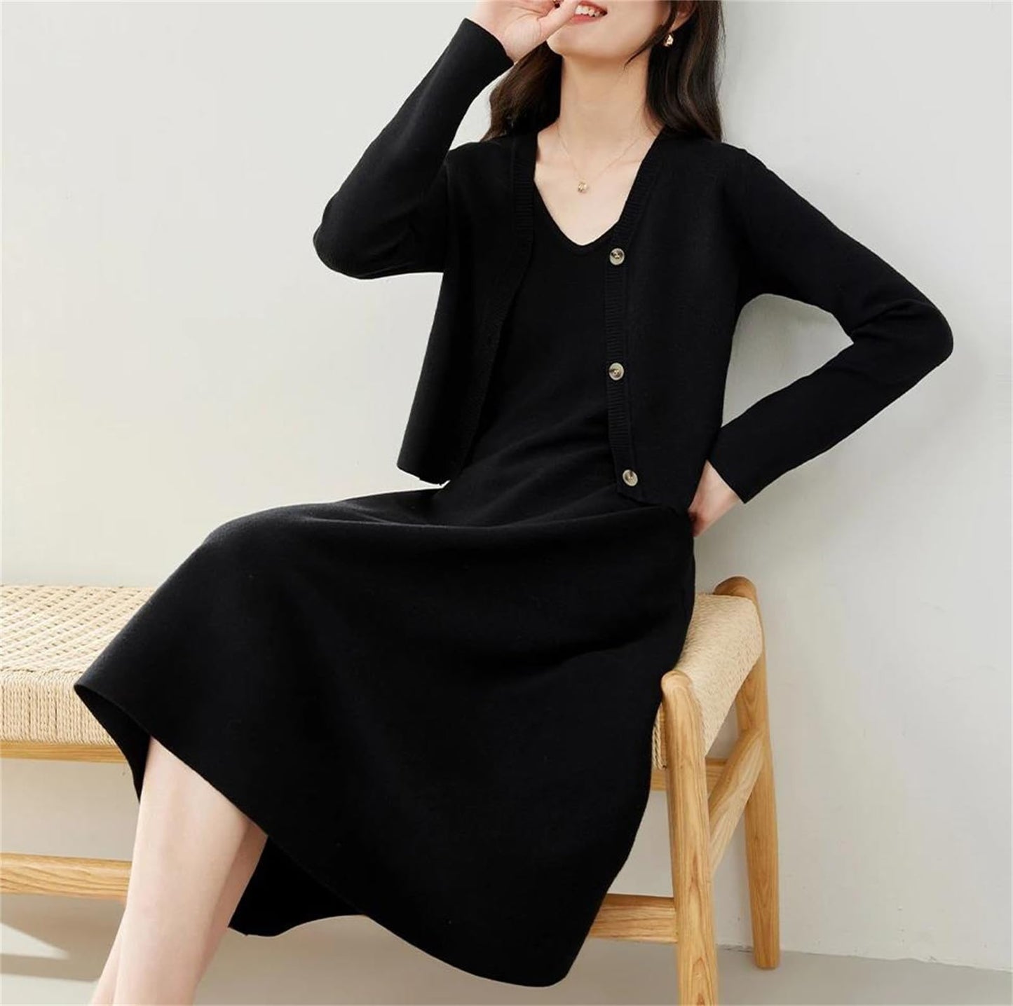 Womens Elegant Dress Set Casual V Neck Cardigan Slip Midi Dress Solid Two Piece Set Maxi Dress Sets Winter Clothing