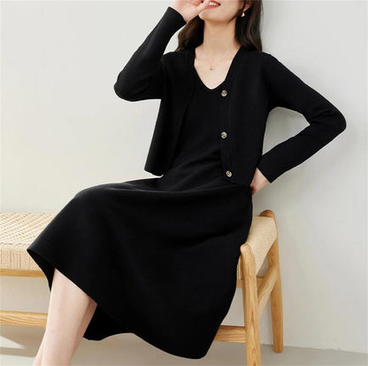 Womens Elegant Dress Set Casual V Neck Cardigan Slip Midi Dress Solid Two Piece Set Maxi Dress Sets Winter Clothing