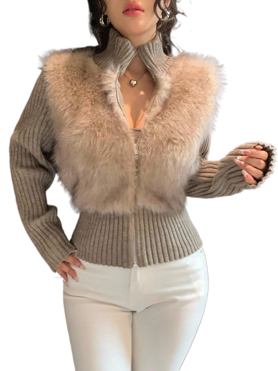 Women's High Collar Faux Fur Zip Cardigan