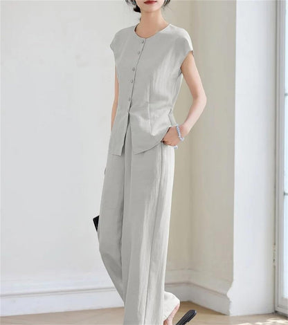 Women's Linen Shirt & Straight Pants Set