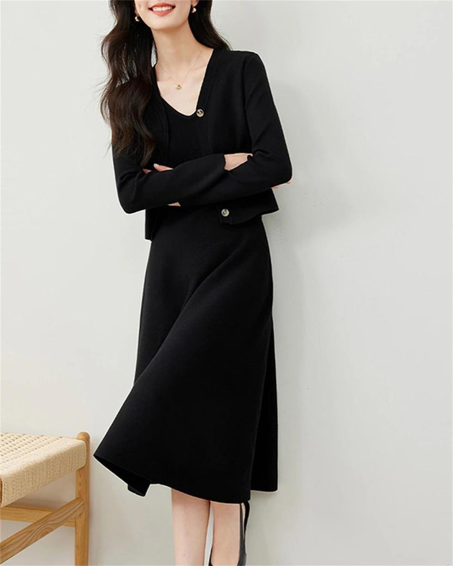 Womens Elegant Dress Set Casual V Neck Cardigan Slip Midi Dress Solid Two Piece Set Maxi Dress Sets Winter Clothing