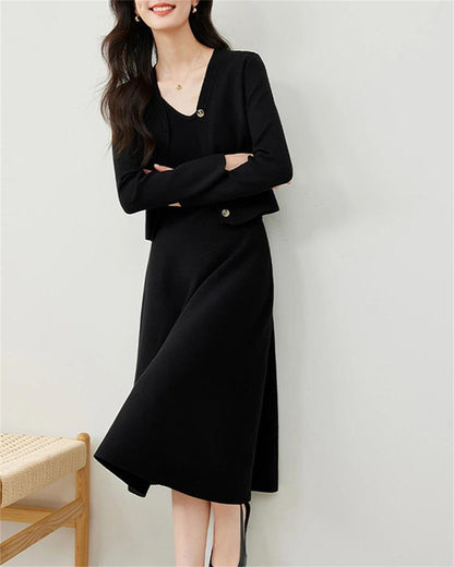 Womens Elegant Dress Set Casual V Neck Cardigan Slip Midi Dress Solid Two Piece Set Maxi Dress Sets Winter Clothing