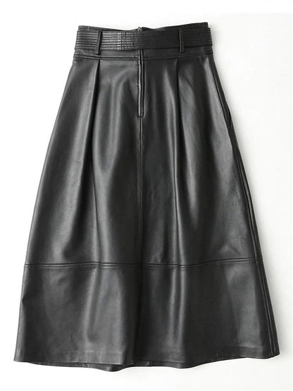 Women's High Waist PU Leather A-Line Midi Skirt