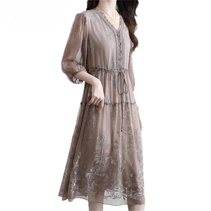 Women's V-Neck Embroidered A-Line Midi Dress