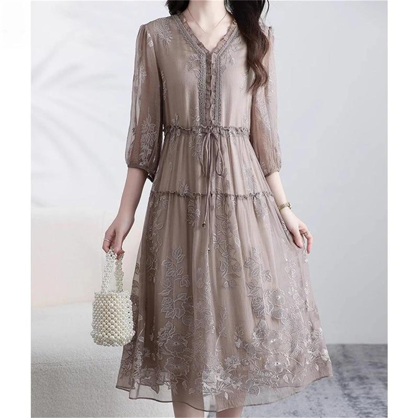 Women's V-Neck Embroidered A-Line Midi Dress