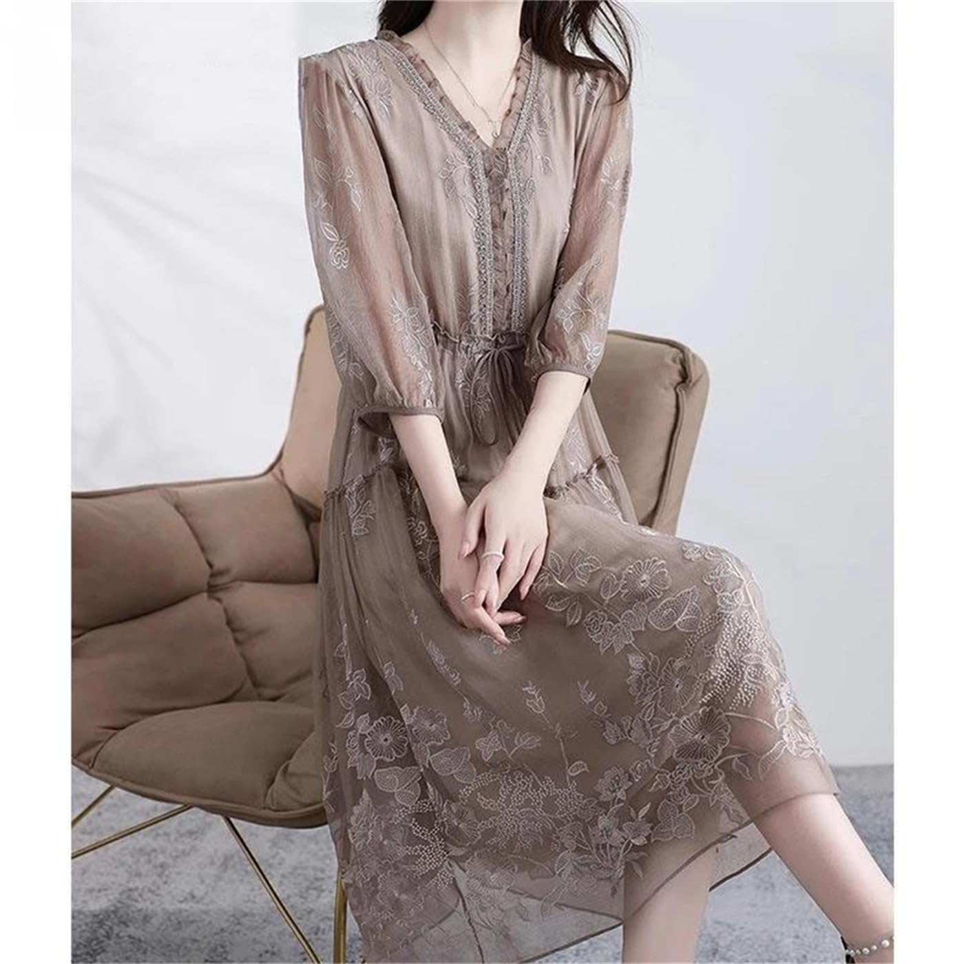 Women's V-Neck Embroidered A-Line Midi Dress