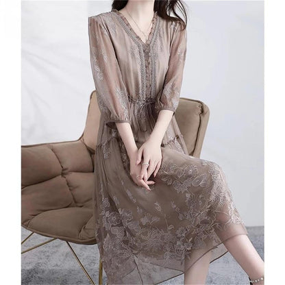 Women's V-Neck Embroidered A-Line Midi Dress