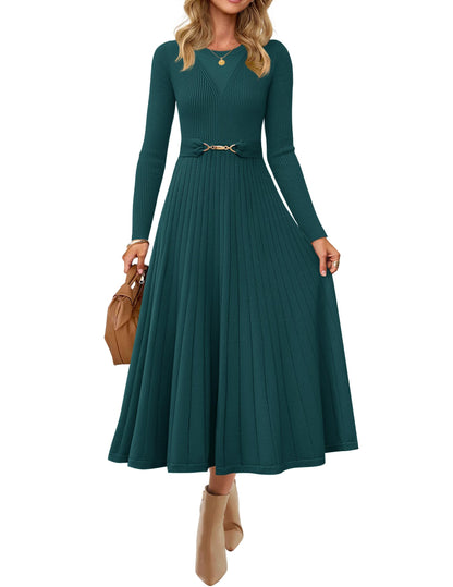 Women's Long Sleeve Pleated Knit Midi Dress