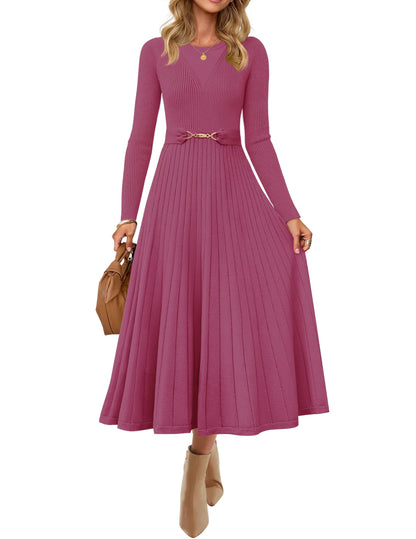 Women's Long Sleeve Pleated Knit Midi Dress