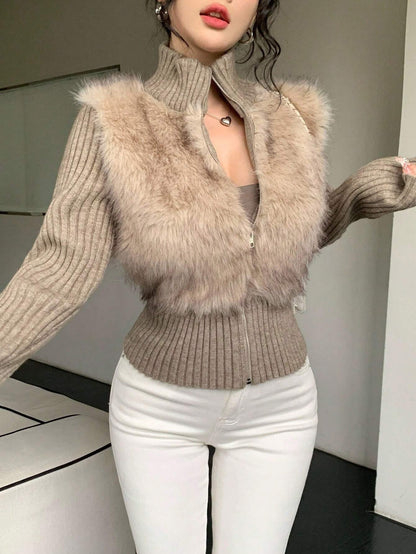 Women's High Collar Faux Fur Zip Cardigan
