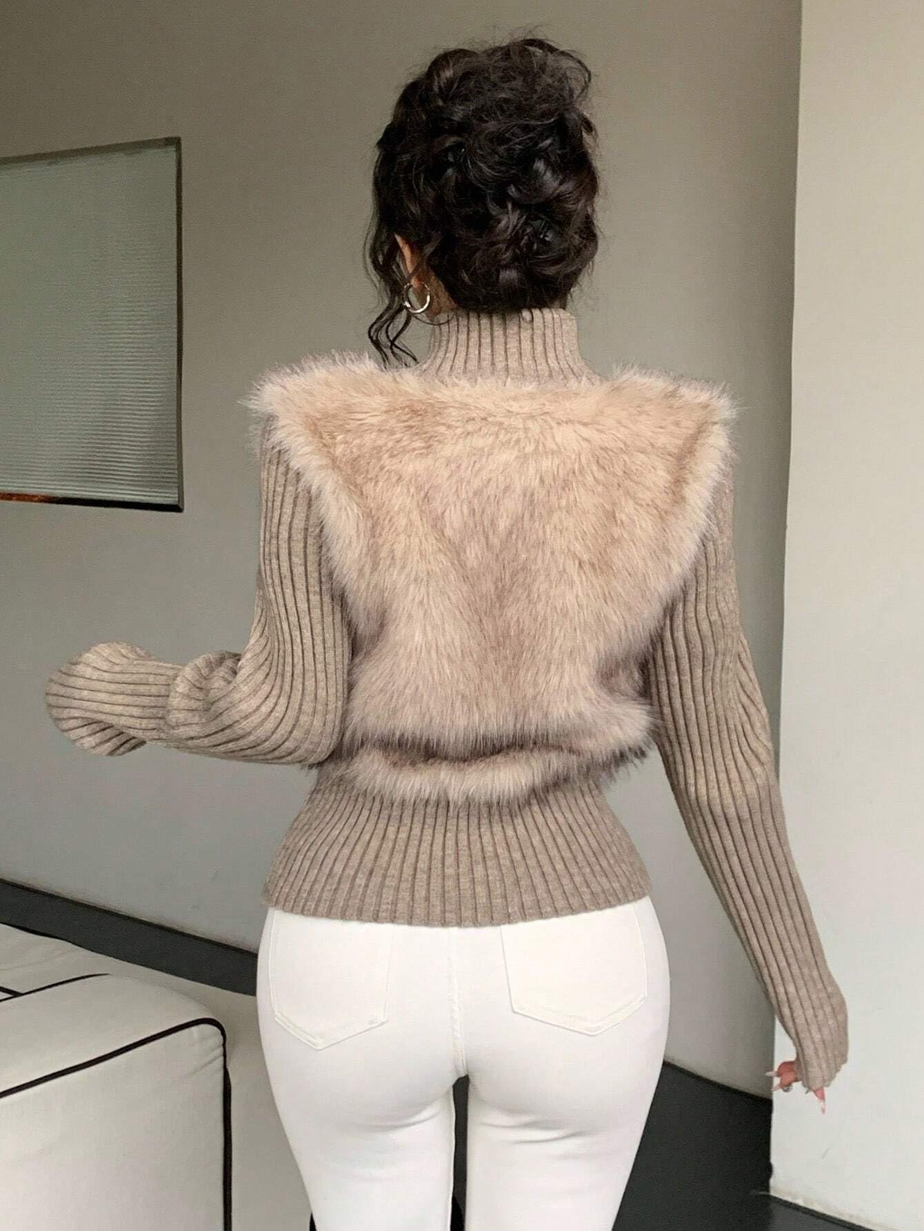 Women's High Collar Faux Fur Zip Cardigan