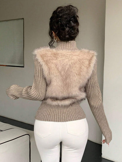 Women's High Collar Faux Fur Zip Cardigan